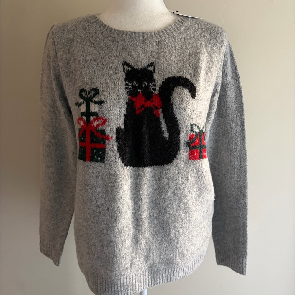 Cupcakes and Cashmere Holiday Christmas Gray Cat Sweater NWT